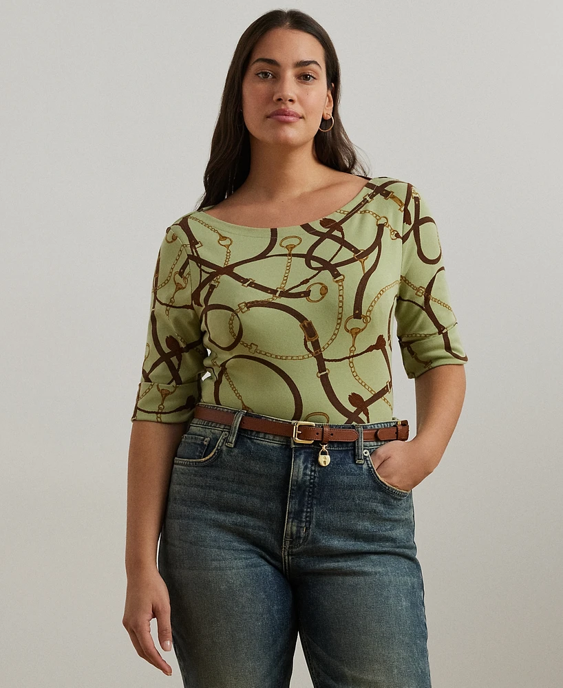 Lauren Ralph Plus Belting-Print Cotton-Blend Boatneck Tee