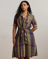 Lauren Ralph Plus Plaid Tie-Front Linen Shirtdress