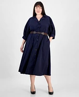 Sandra Darren Plus Button-Down 3/4-Sleeve Belted Dress