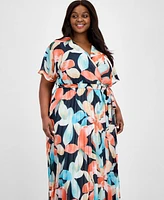 Sandra Darren Plus V-Neck Belted Pleated Maxi Dress