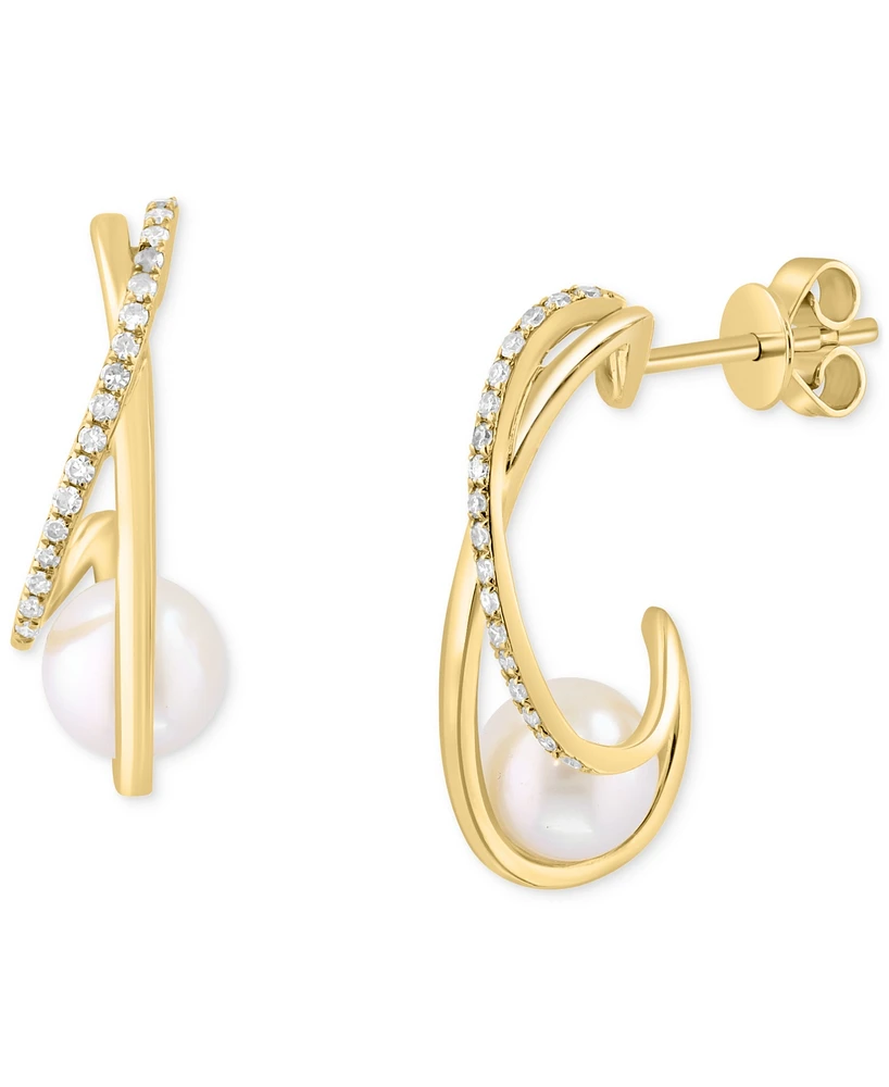 Effy Cultured Freshwater Pearl (6-1/2mm) & Diamond (1/6 ct. t.w.) Half Hoop Earrings in 14k Gold