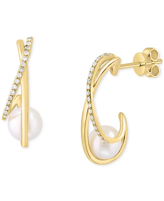 Effy Cultured Freshwater Pearl (6-1/2mm) & Diamond (1/6 ct. t.w.) Half Hoop Earrings in 14k Gold
