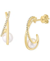 Effy Cultured Freshwater Pearl (6-1/2mm) & Diamond (1/6 ct. t.w.) Half Hoop Earrings in 14k Gold