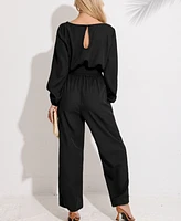 Women's Long Sleeve Belted Jumpsuit