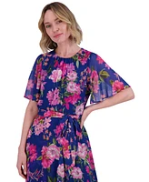 Jessica Howard Women's Floral-Print Belted Flutter-Sleeve Dress