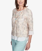 Alfred Dunner Petite Kensington Gardens Floral Lace Woven Trim Top with Necklace