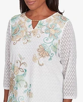 Alfred Dunner Petite Kensington Gardens Textured Knit Scroll Split Neck Top