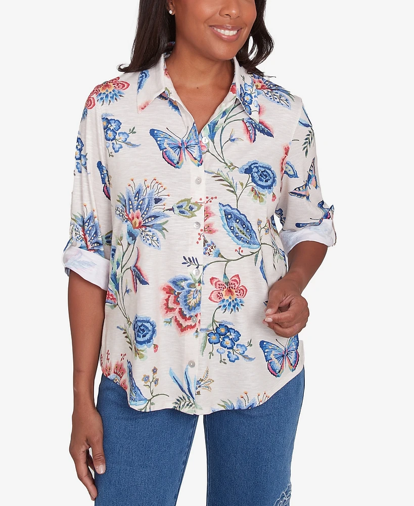 Alfred Dunner Petite Free Spirit Butterfly Button Up Cuffed Sleeve Top