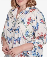 Alfred Dunner Plus Free Spirit Butterfly Button Up Cuffed Sleeve Shirt