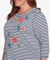 Alfred Dunner Plus Free Spirit Striped Butterfly Embroidered Top