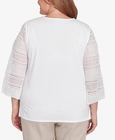 Alfred Dunner Plus Kensington Gardens Solid Lace Sleeve Knit Top with Necklace