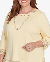 Alfred Dunner Plus Dress Code Solid Lace Trim Top with Necklace