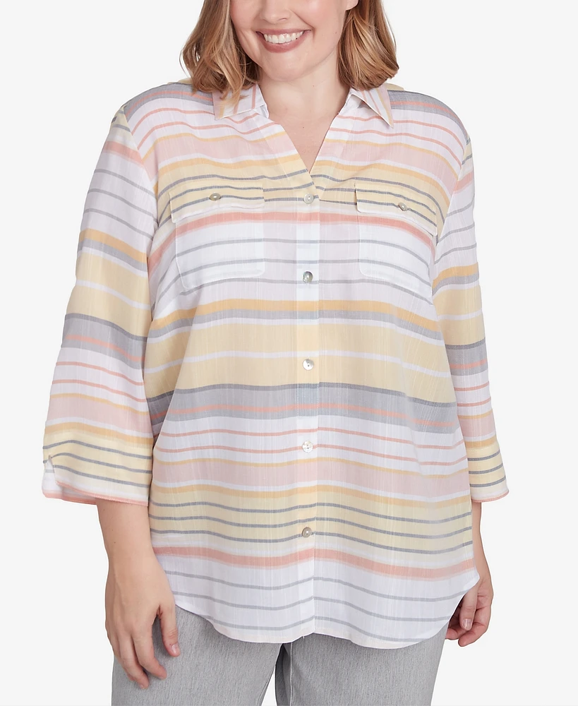 Alfred Dunner Plus Dress Code Button Down Striped Cuffed Sleeve Top