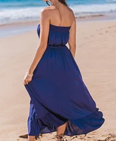 Women's Indigo Strapless Ruffled Hem Midi Beach Dress