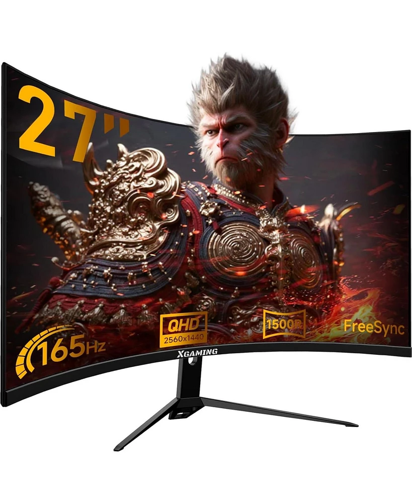 27 Inch Curved Gaming Monitor, Qhd 2560 x 1440 Computer Monitor 144Hz/165Hz, 16:9 Wide Hdr Display, FreeSync, 1ms Response, Pc Monitor Built-in Speake