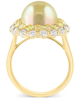 Effy Cultured South Sea Pearl (10mm), Yellow Diamond (1-1/3 ct. t.w.) & White Diamond (5/8 ct. t.w.) Halo Ring in 14k Gold