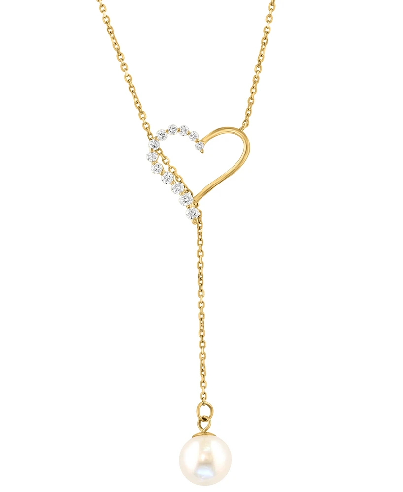 Effy Cultured Freshwater Pearl (6-1/2mm) & Diamond (1/6 ct. t.w.) Heart 18" Lariat Necklace in 14k Gold