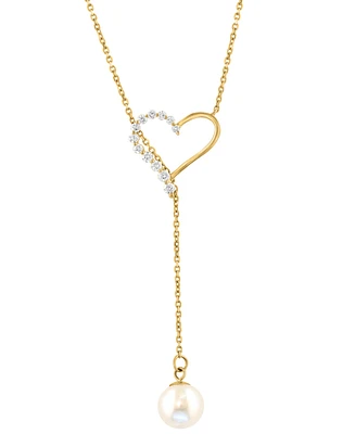 Effy Cultured Freshwater Pearl (6-1/2mm) & Diamond (1/6 ct. t.w.) Heart 18" Lariat Necklace in 14k Gold