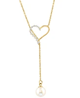 Effy Cultured Freshwater Pearl (6-1/2mm) & Diamond (1/6 ct. t.w.) Heart 18" Lariat Necklace in 14k Gold
