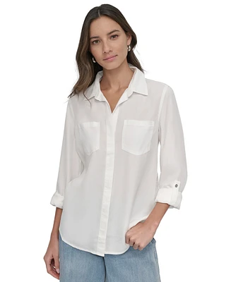 Dkny Jeans Women's Roll-Tab-Sleeve Button-Front Shirt