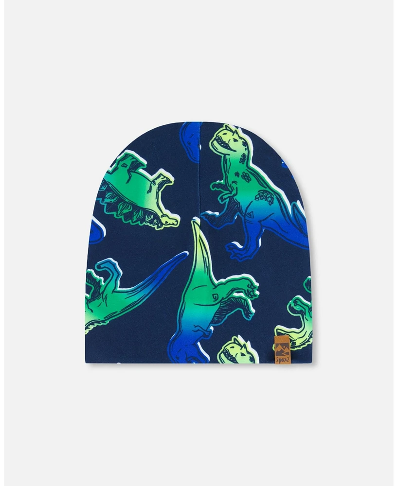 Deux par Deux Baby Boys Printed Beanie Hat Blue And Green Dino On Navy