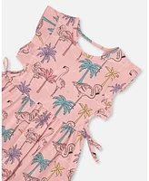 Deux par Toddler Girls Printed Organic Cotton Dress With Cut Outs Palm Trees, Pink Flamingo, And Turquoise - Toddler|Child