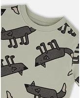 Deux par Big Boys Printed Organic Cotton Tee Gray Wolf On Teal Background