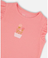 Deux par Big Girls Rib Tank Top With Frills Coral Pink