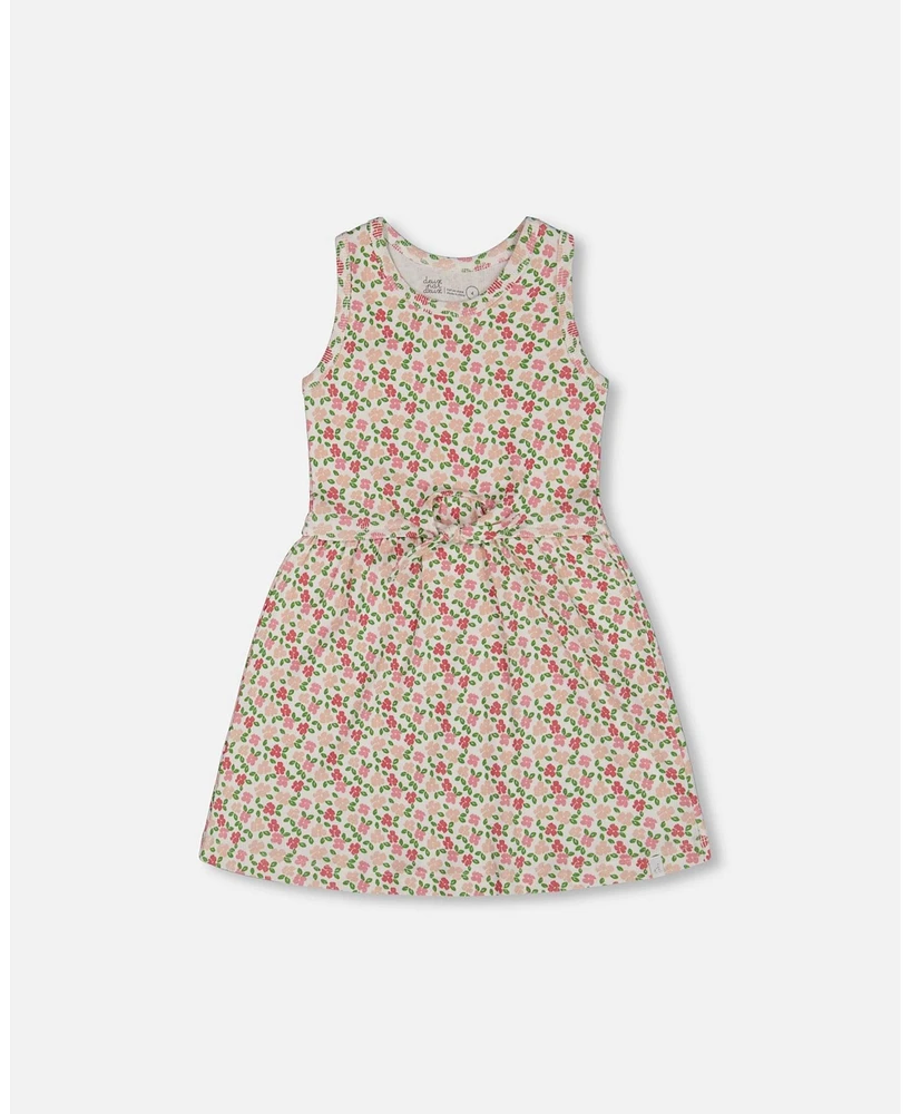 Deux par Big Girls Printed Ribbed Dress With Waist Tie Small Flowers On White Background