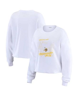 Wear by Erin Andrews Women's White Minnesota Vikings Postcard Cropped Long Sleeve Top