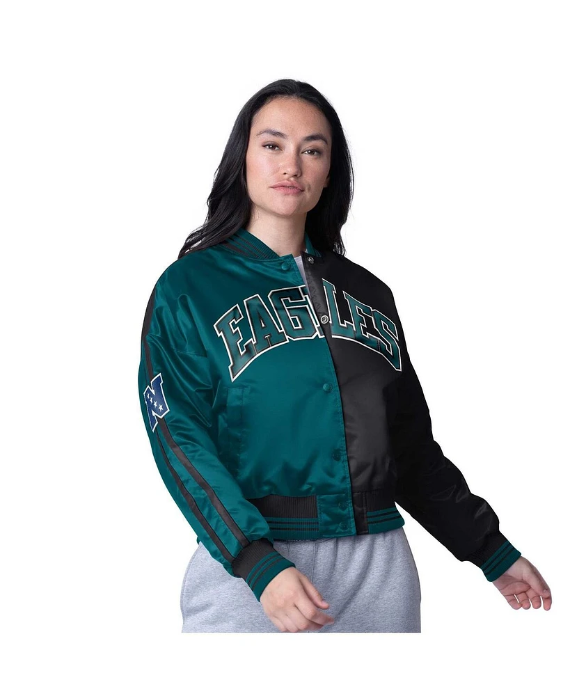 Starter Women's Midnight Green/Black Philadelphia Eagles Zone Blitz Cropped Full-Snap Satin Jacket