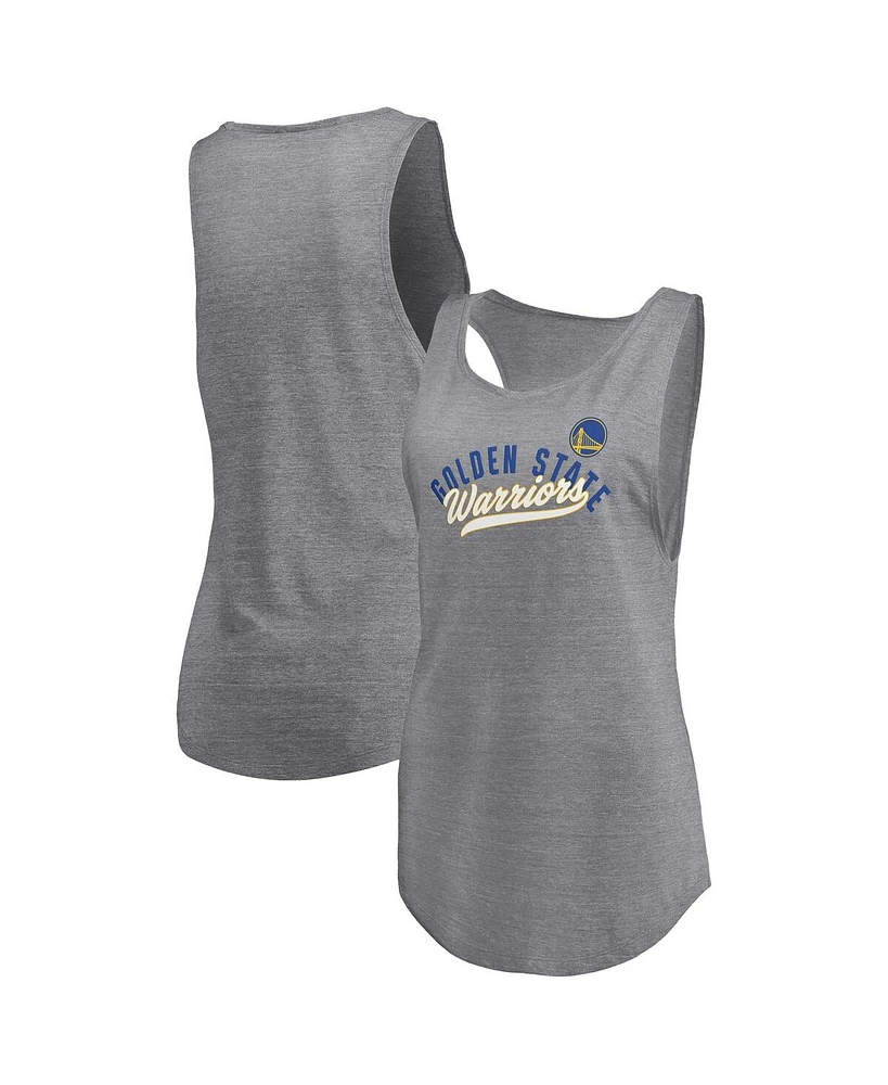 Fanatics Women's Heathered Gray Golden State Warriors Quality Time Open Scoop Neck Tri-Blend Tank Top