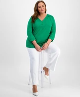 Kasper Plus Draped 3/4-Sleeve Henley Top