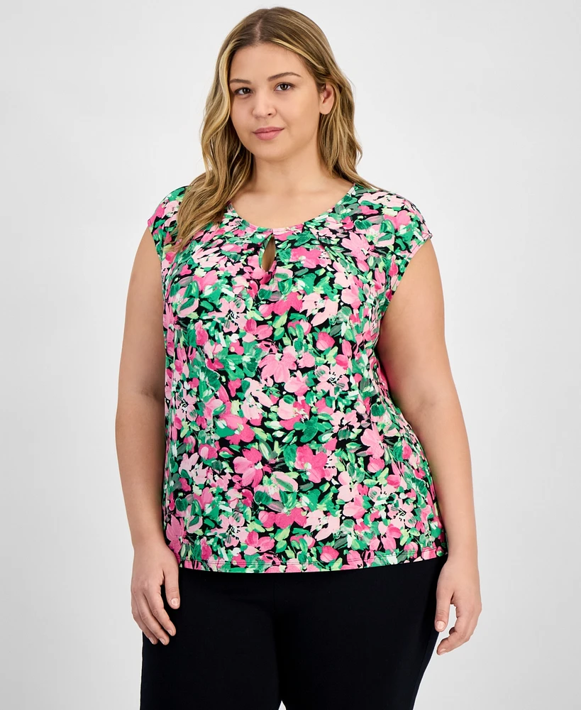 Kasper Plus Floral Keyhole-Neck Cap-Sleeve Top