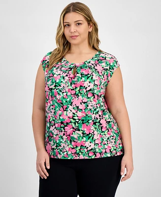 Kasper Plus Size Floral Keyhole-Neck Cap-Sleeve Top