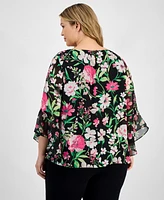 Kasper Plus Size Floral-Print Ruffle-Sleeve Blouse