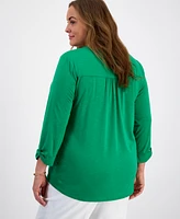 Kasper Plus Draped 3/4-Sleeve Henley Top