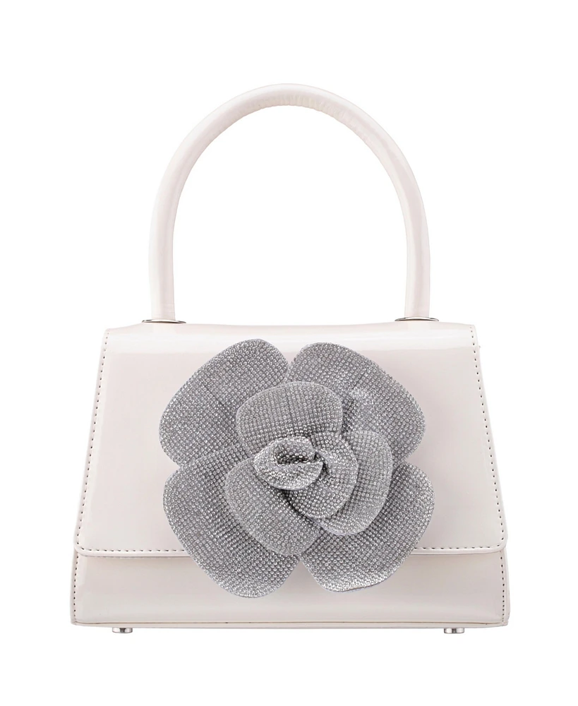Nina Crystal Flower Embellished Patent Satchel Bag
