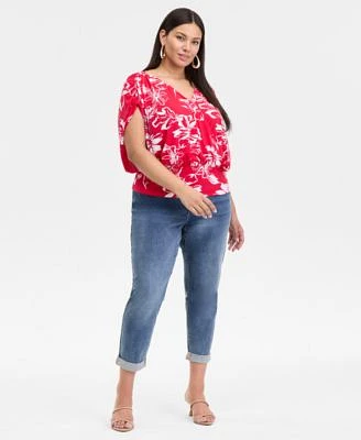 I.N.C. International Concepts Plus Size Surplice Draped Short Sleeve Top Slim Rolled Cuff Boyfriend Jeans Exclusively At Macys