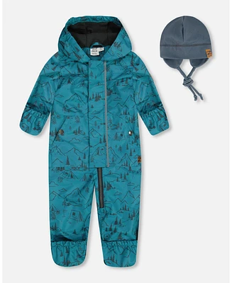 Deux par Baby Boys Printed Mid-Season One-Piece Outerwear With Hat Blue And Gray