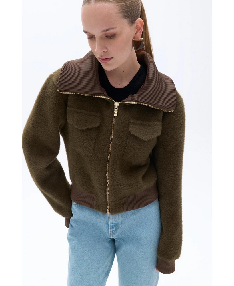 Nocturne Women's Wide Collar Zipper Detailed Knitwear Cardigan