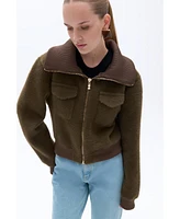 Nocturne Women's Wide Collar Zipper Detailed Knitwear Cardigan