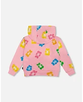 Deux par Big Girls Printed French Terry Hoodie Cardigan Pink Multicolored Gummies