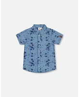 Deux par Toddler Boys Printed Chambray Short Sleeve Shirt Pale Blue And Navy - Toddler|Child