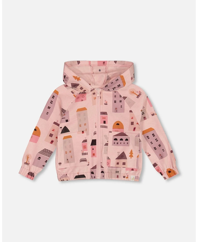 Deux par Big Girls Printed French Terry Hoodie Cardigan Pink And Coral Houses