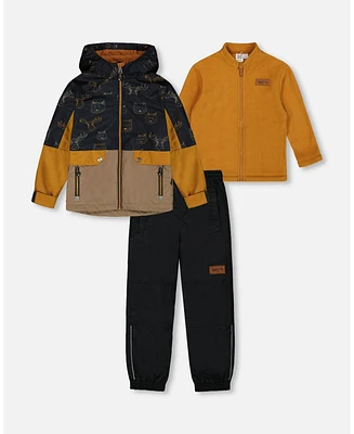 Deux par Baby Boys 3-In-1 Mid-Season Outerwear Set With Colorblock Jacket Beige Animals On Black Background