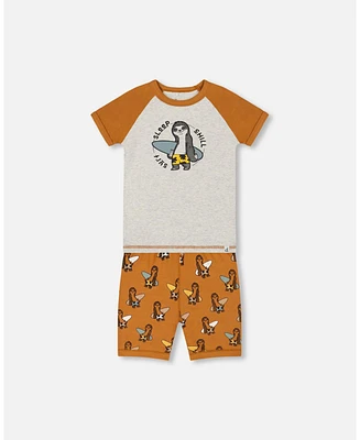 Boy Organic Cotton Two-Piece Short Pajama Set Sloths On Tan And Mottled Background - Child