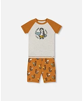 Deux par Big Boys Organic Cotton Two-Piece Short Pajama Set Sloths On Tan And Mottled Background