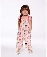 Deux par Big Girls Printed French Terry Overalls Pink And Coral Houses