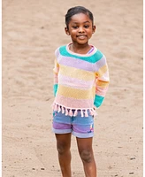 Deux par Big Girls Cotton Sweater With Fringe Multicolor Stripes